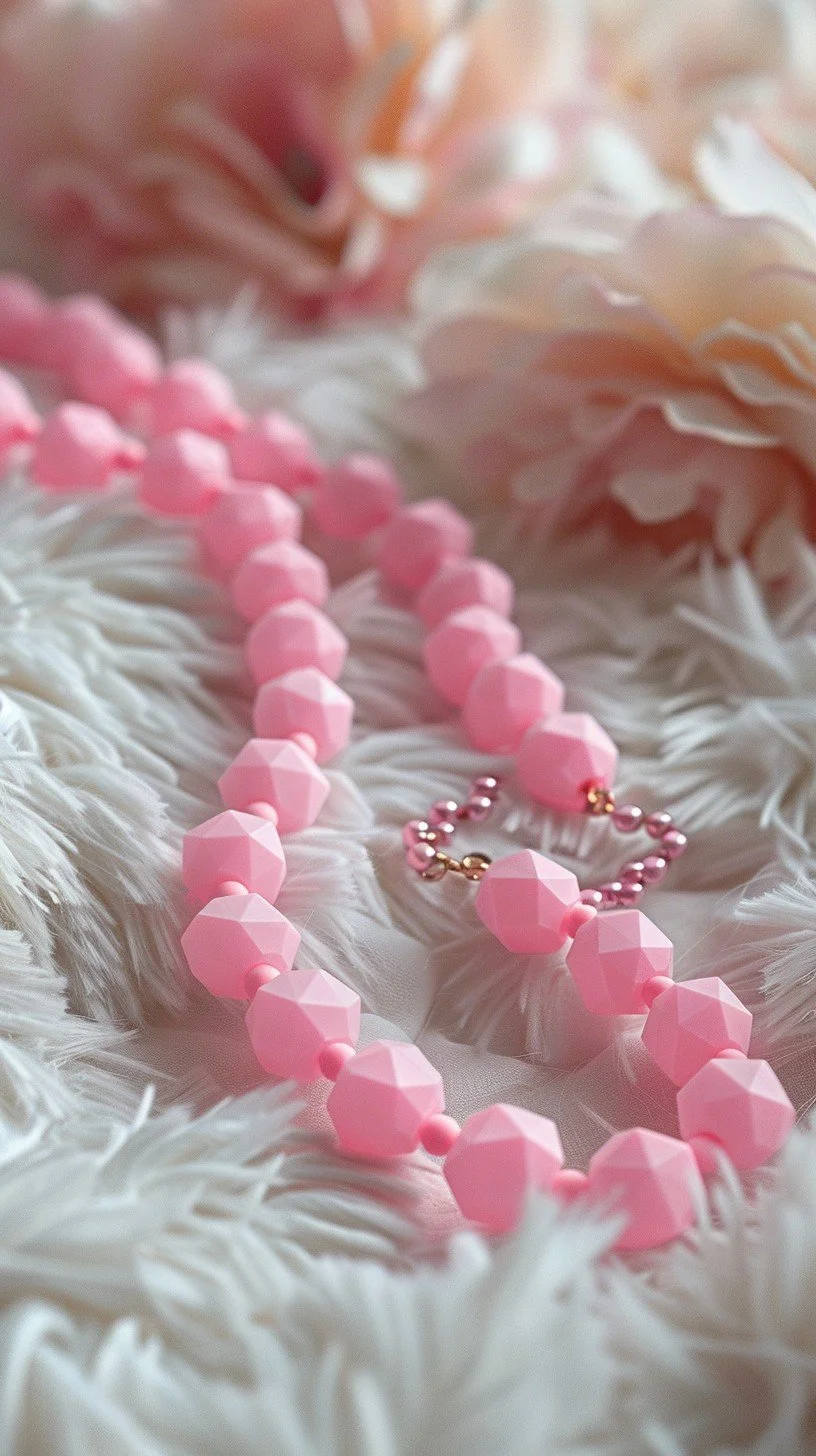 Close-up of pink beaded jewelry on soft white feathers with blurred pastel-colored flowers in the background.