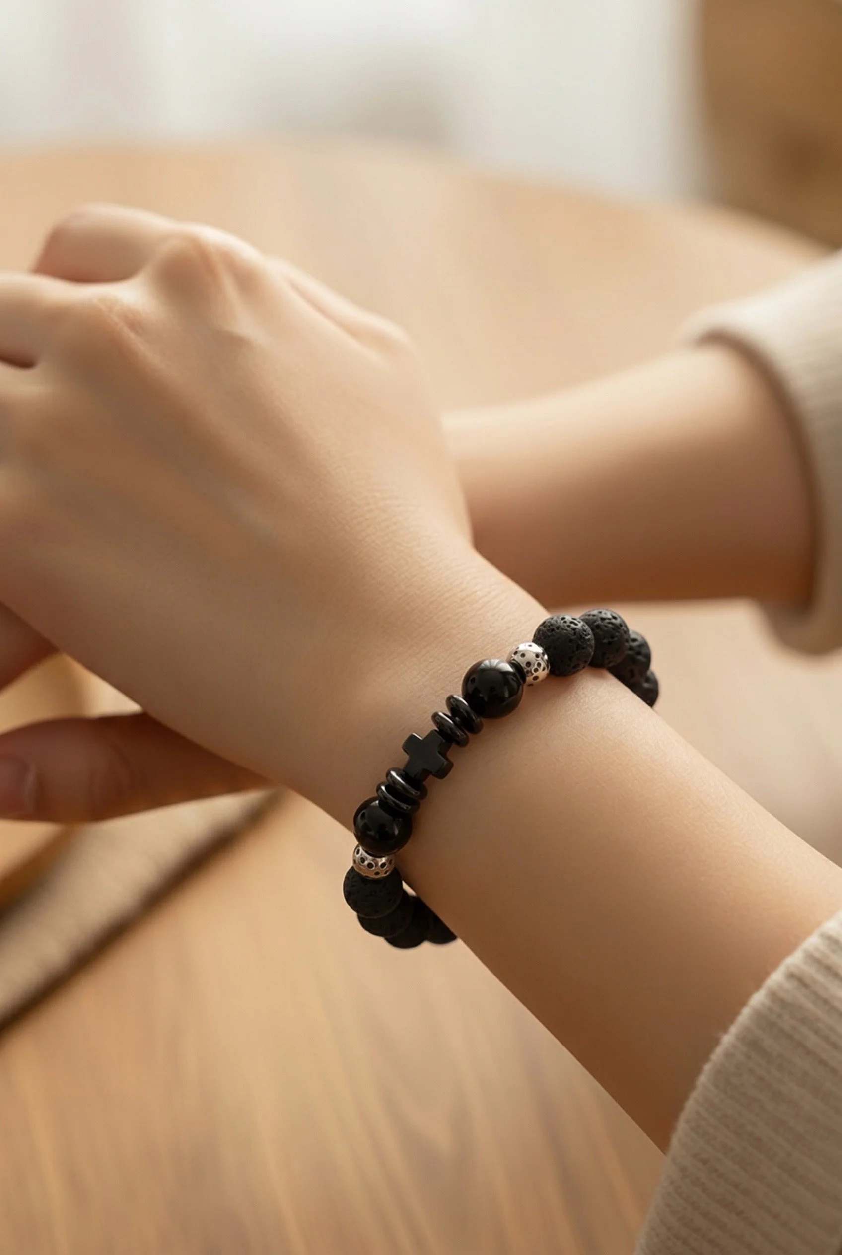 Black Lave Bead Bracelet on Model.JPG