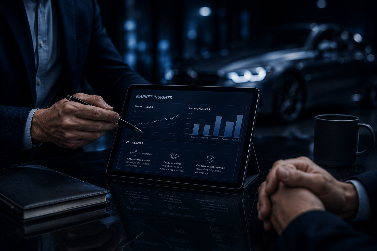 Business professionals analyzing market insights and data on a tablet in a car dealership.