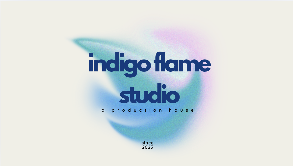 A logo for Indigo Flame Studio with a colorful abstract background and text indicating it is a production house established in 2025.