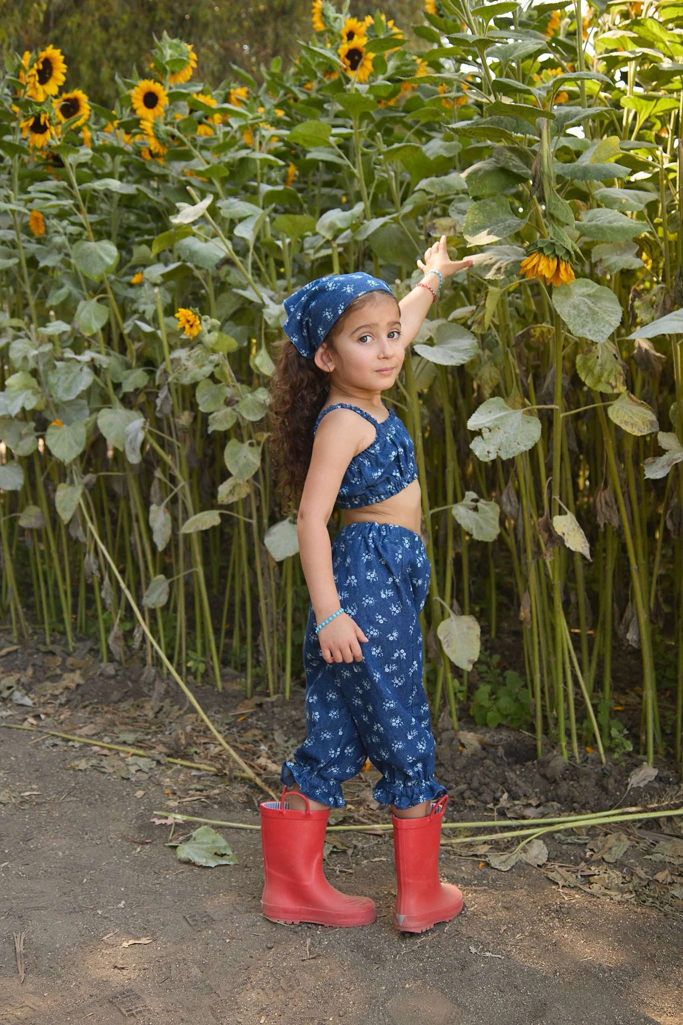 Dainty Floral Denim Toddler Balloon-Pant Set