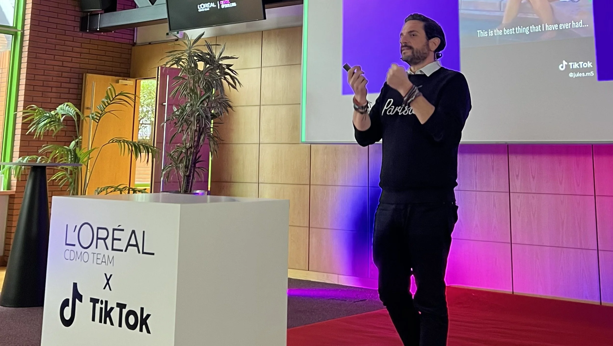 Karl Haddad presenting AI and creative strategy to the L'Oréal global leadership team at TikTok.