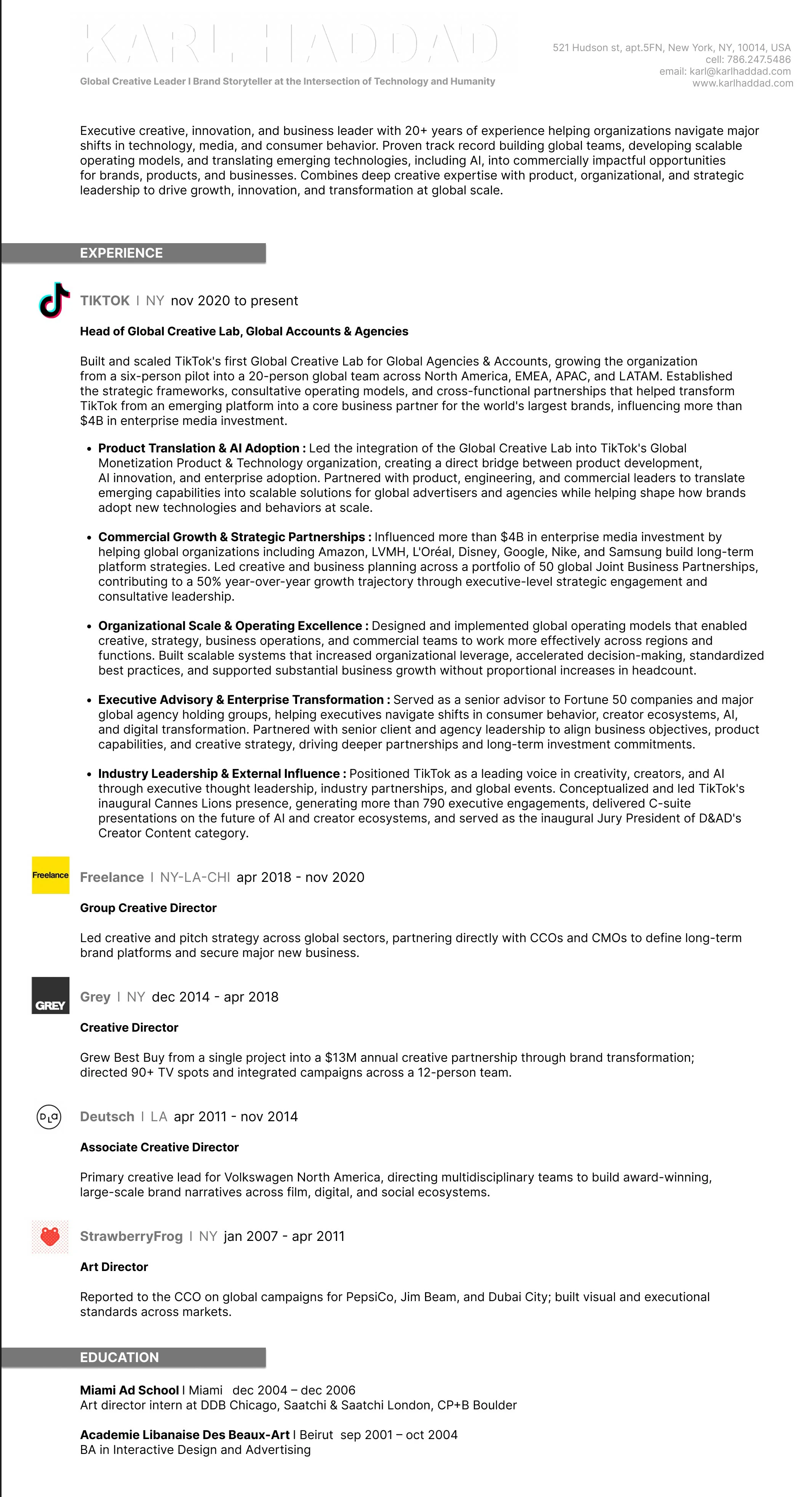 A professional resume with sections detailing experience, education, and various roles in creative and strategic leadership, with icons representing companies and job titles.