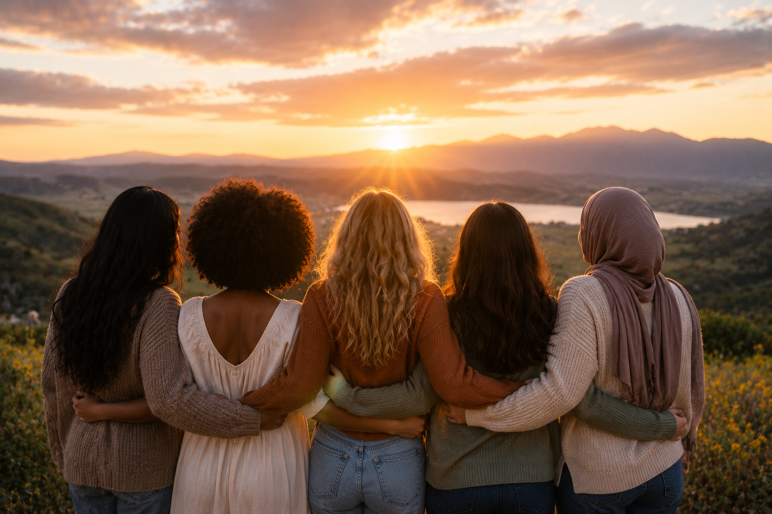 Five women standing close together with arms around each other's waists, watching a sunset over a valley with mountains and a lake.