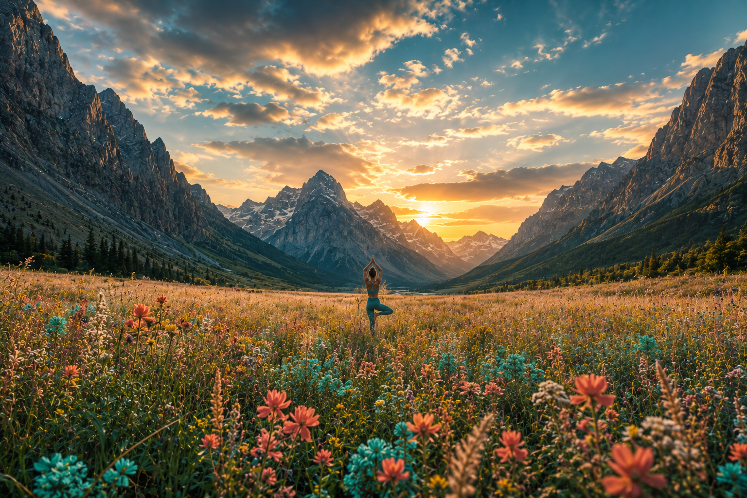 Woman practicing yoga in a field of wildflowers at sunrise, surrounded by mountain ranges in a peaceful natural setting.