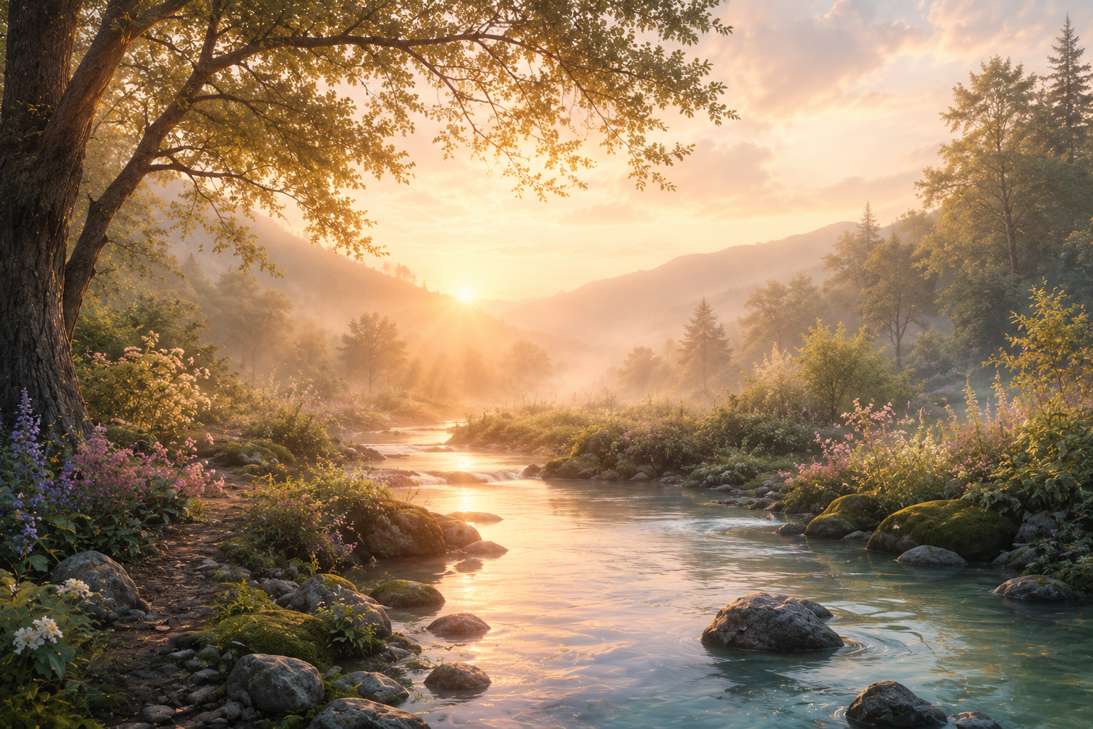 Peaceful mountain lake surrounded by wildflowers, evergreen trees, and distant mountain peaks beneath a soft blue sky.