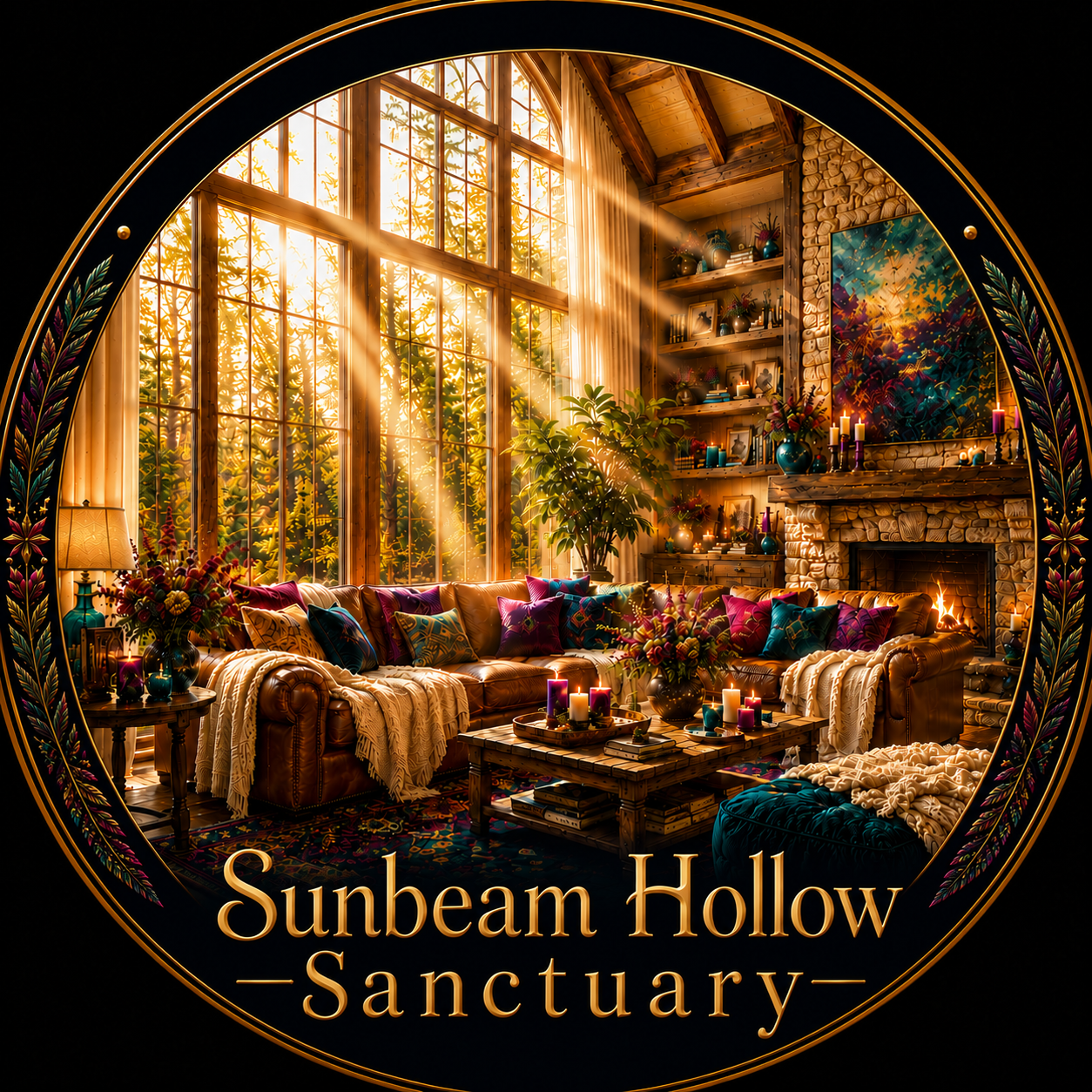 Sunbeam Hollow Sanctuary retreat space filled with warm sunlight and jewel-toned details