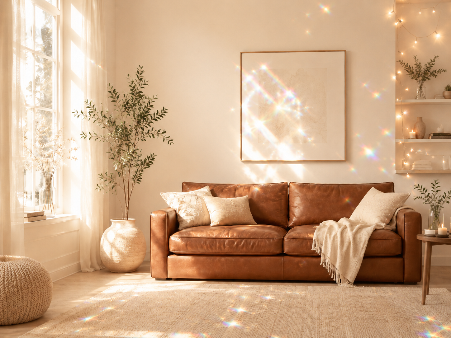 Warm therapy space with a brown leather sofa, cream walls, and colorful prism light reflecting throughout the room.