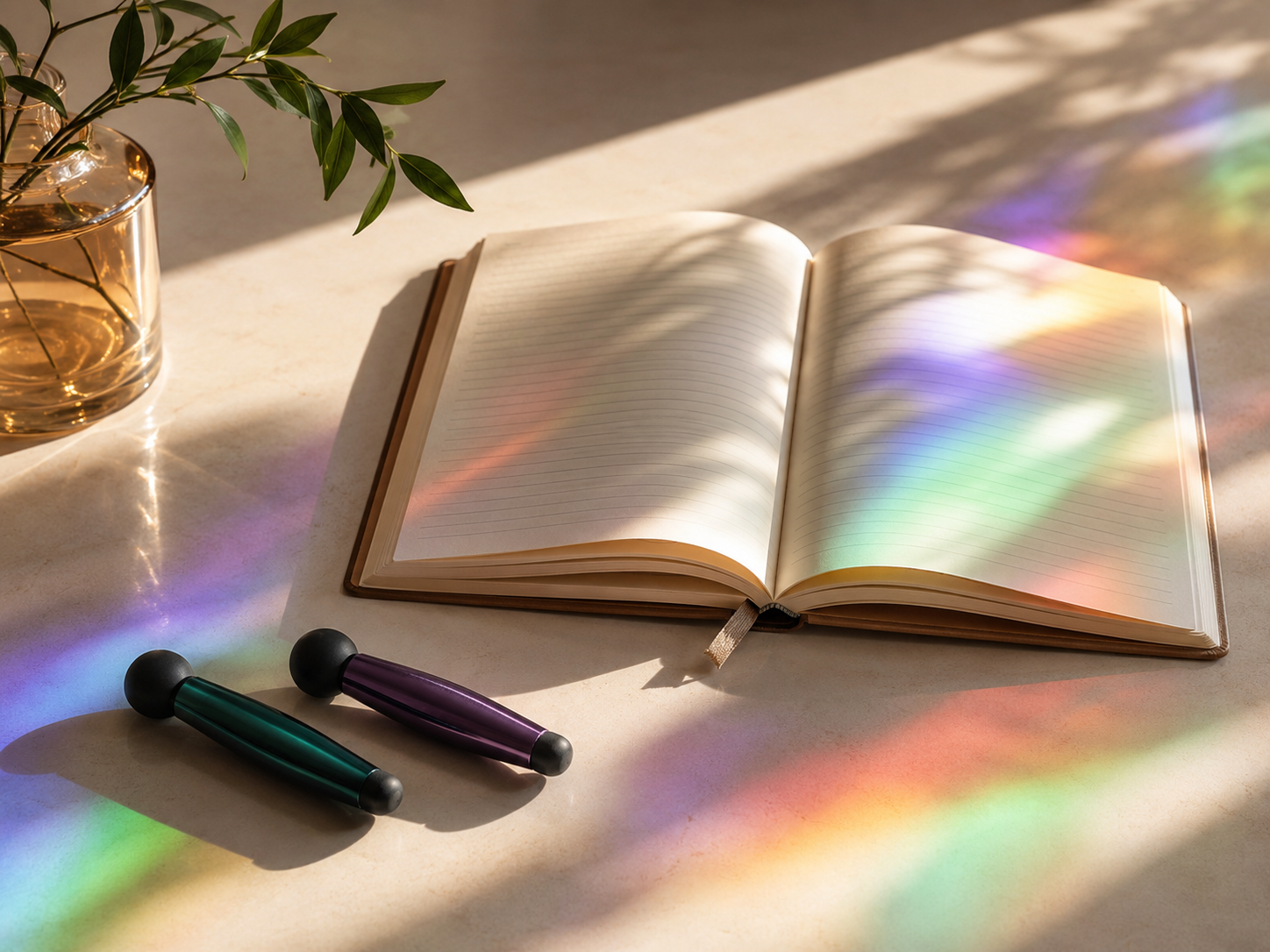 Open journal and handheld EMDR tappers illuminated by jewel-toned prism light