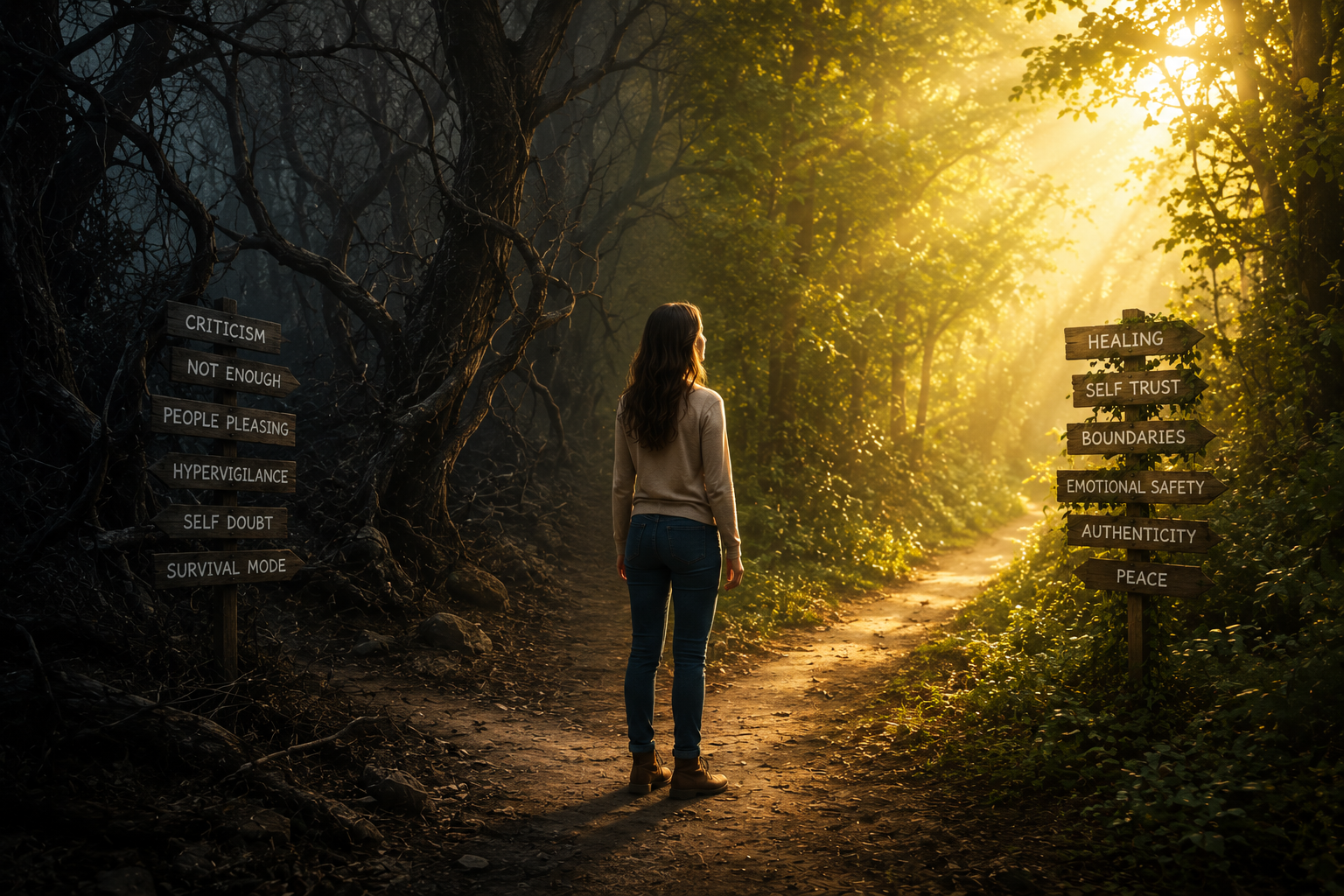 A woman standing at a fork in a forest trail, with signs pointing to negative thoughts on the left and positive thoughts on the right, illuminated by sunlight.