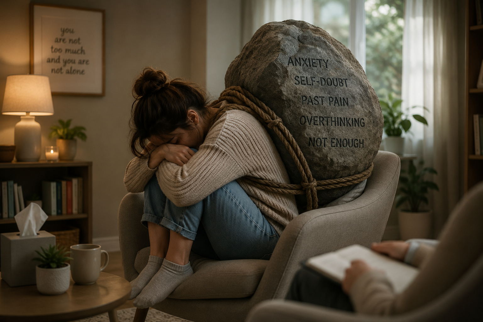 Woman sitting in a therapist's office with a large rock on her back labeled "anxiety," "self-doubt," "past pain," "overthinking," and "not enough," illustrating the emotional weight many people carry.