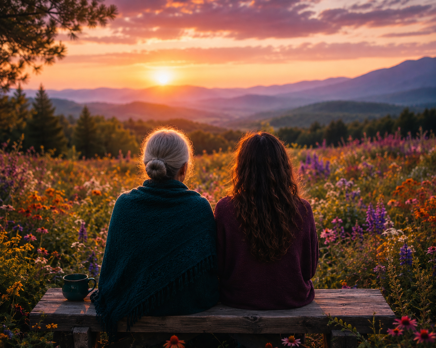 Two women sitting on a wooden bench overlooking a field of colorful flowers during sunset with mountains in the distance.