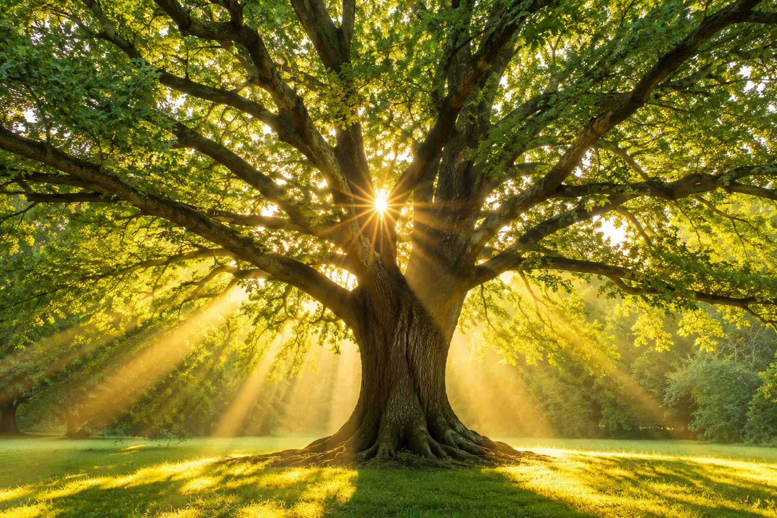Large green tree illuminated by warm sunlight, symbolizing growth, hope, and healing.