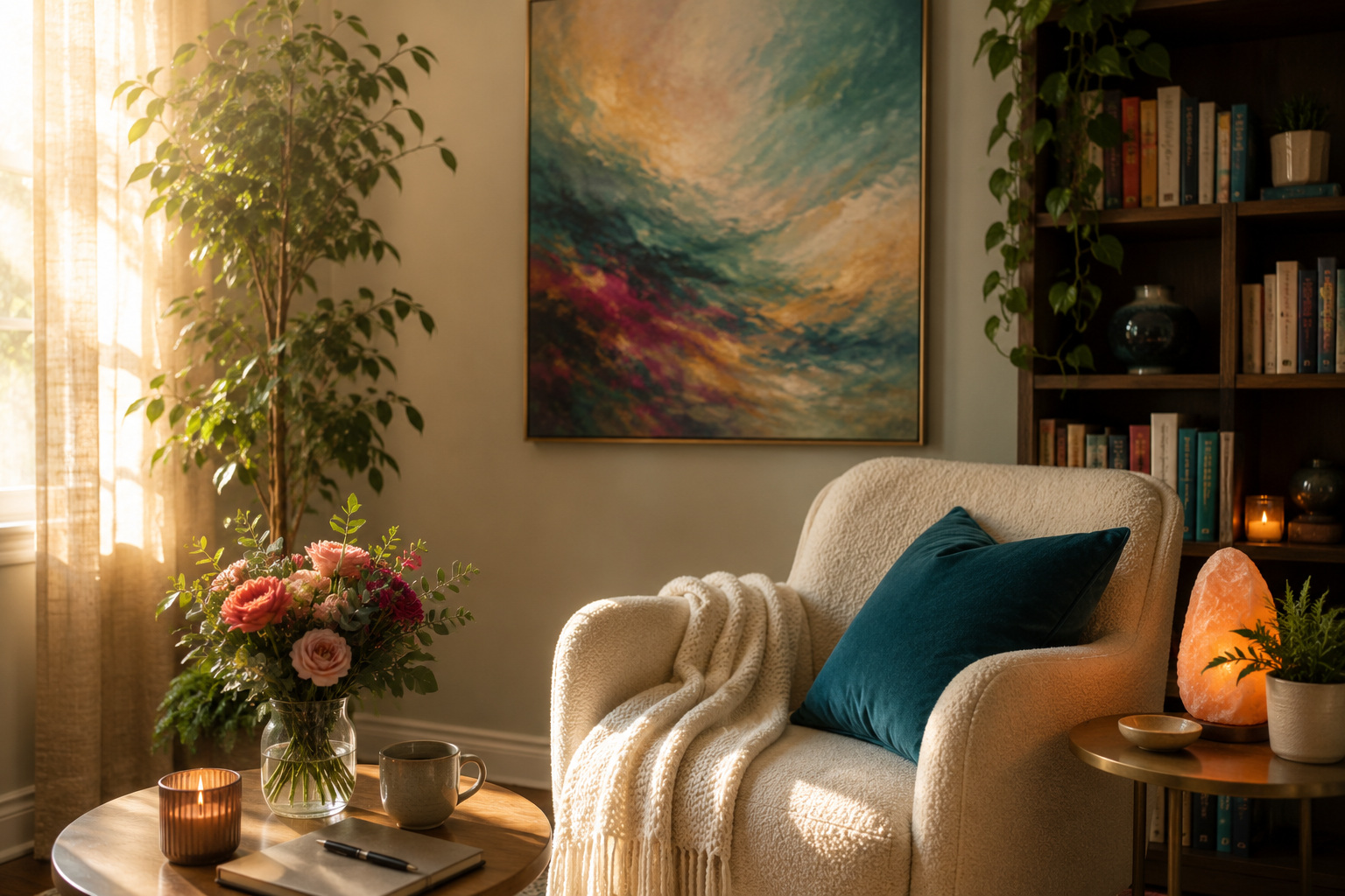 Warm and inviting therapy space with jewel-toned accents, abundant natural light, and a calming atmosphere