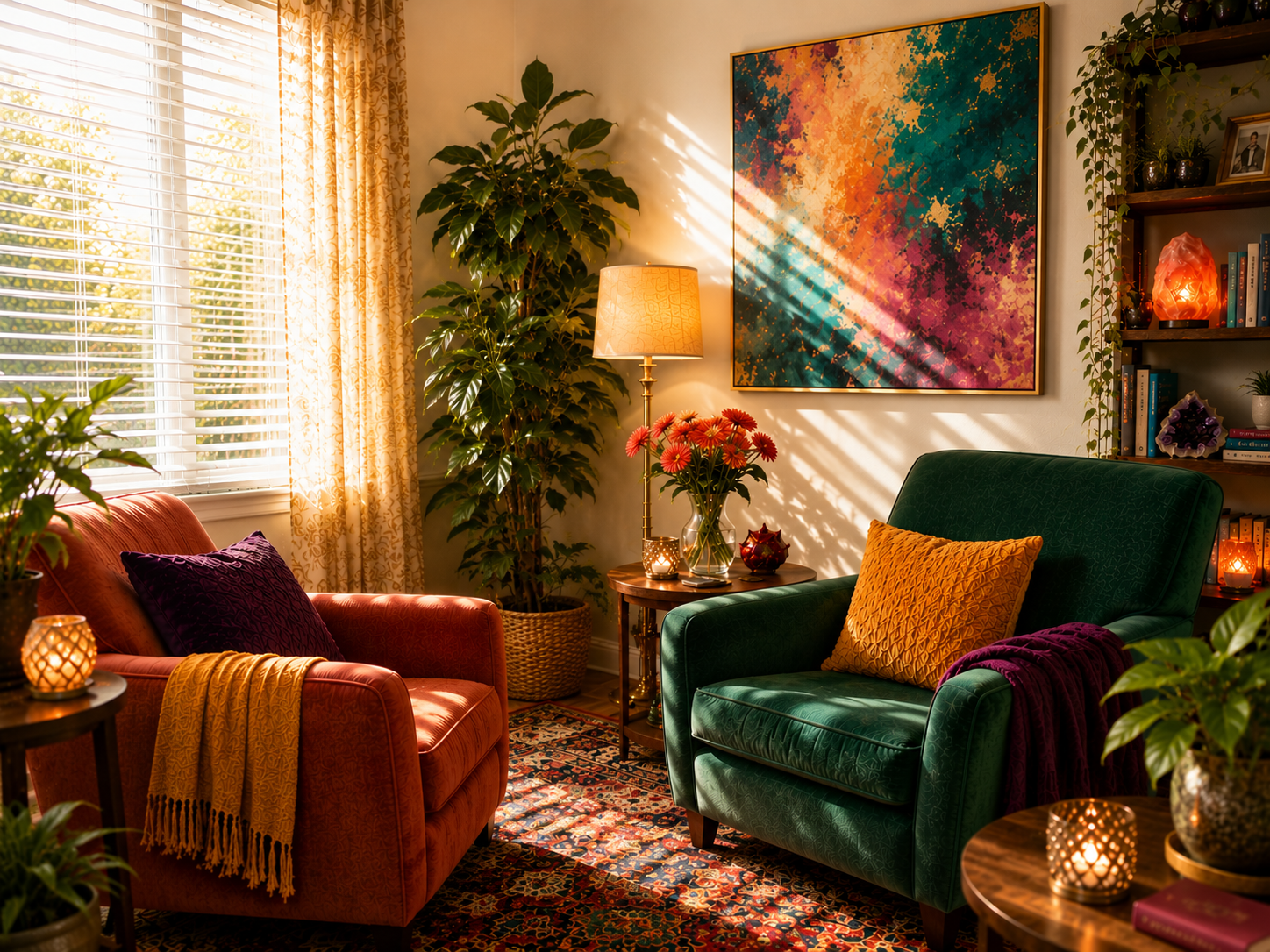 Warm, welcoming therapy office with jewel-toned décor, natural sunlight, comfortable seating, and plants, representing a safe space for healing and connection.