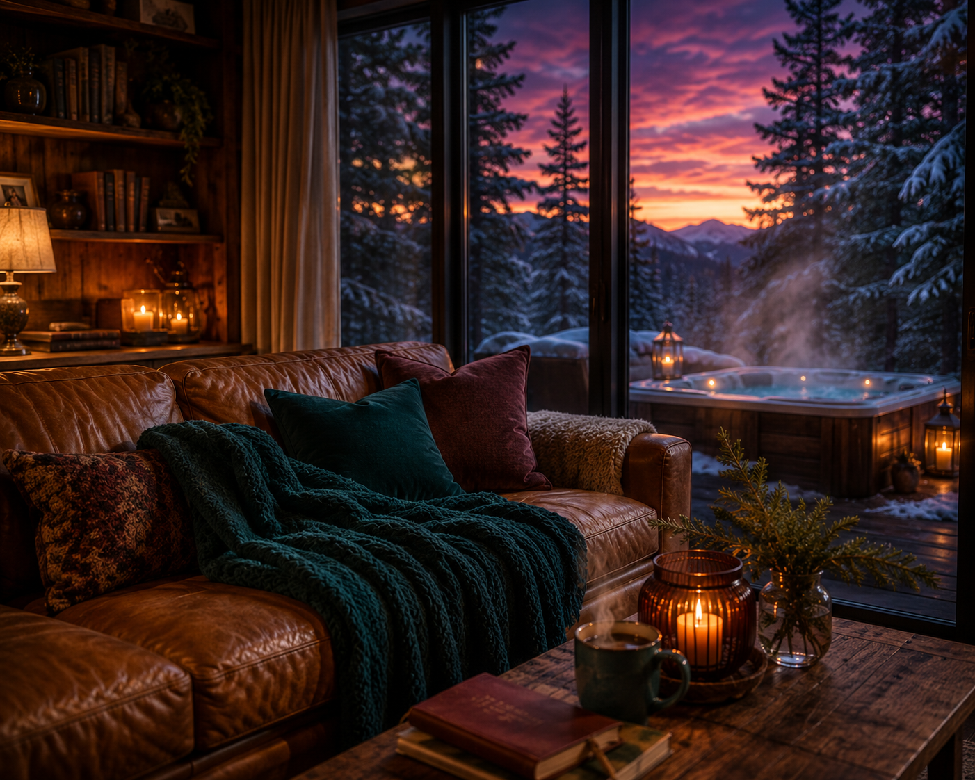 Cozy living room with leather sofa, colorful cushions, and a teal blanket, overlooking a winter landscape with snow-covered trees and mountains through floor-to-ceiling glass doors. The room is lit with candles, a lamp, and lanterns, creating a warm ambiance.