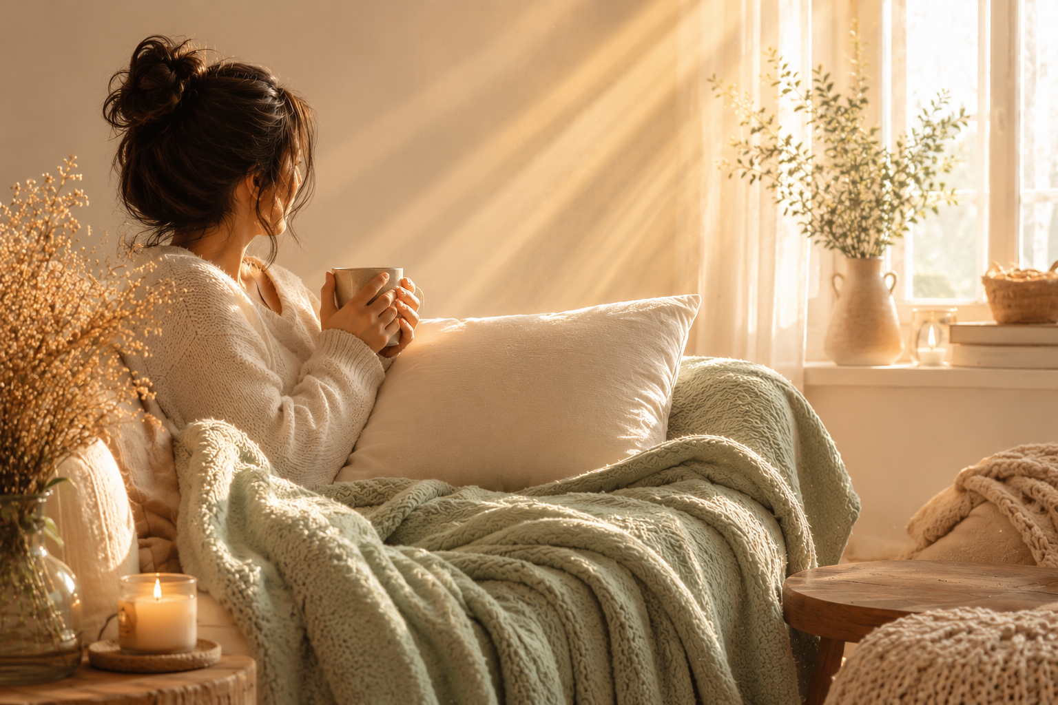 Woman wrapped in a cozy blanket, holding a coffee mug while looking out a sunlit window in a peaceful home setting.
