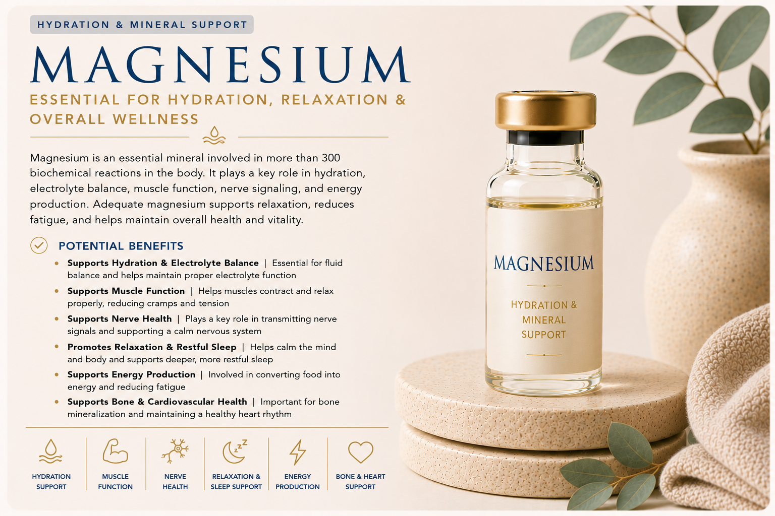 Educational wellness graphic explaining Magnesium and how it supports hydration, electrolyte balance, muscle function, nervous system health, relaxation, energy production, and overall wellness.