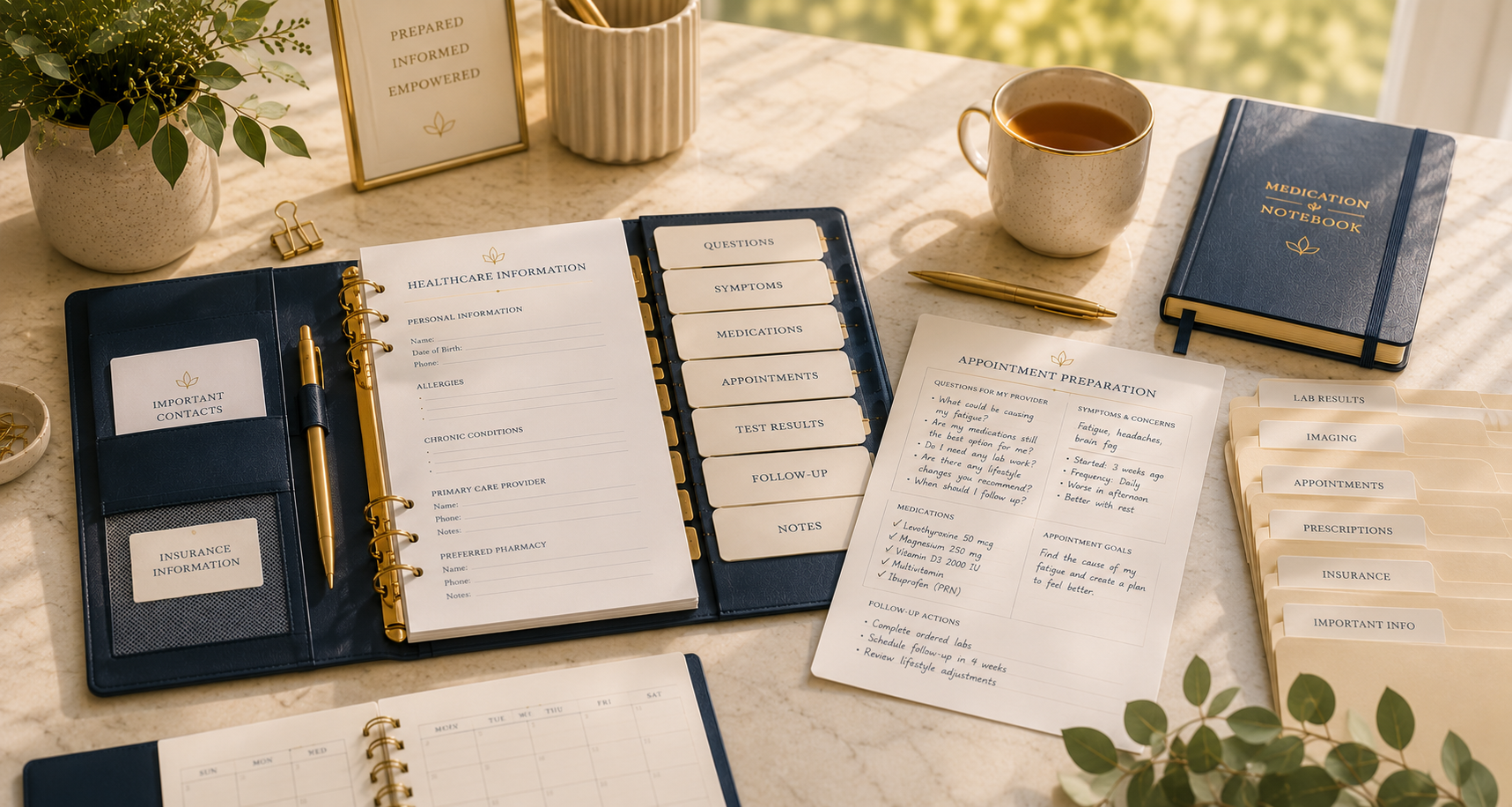 Organized healthcare binder and appointment planning materials illustrating how keeping important information together can make healthcare visits easier.