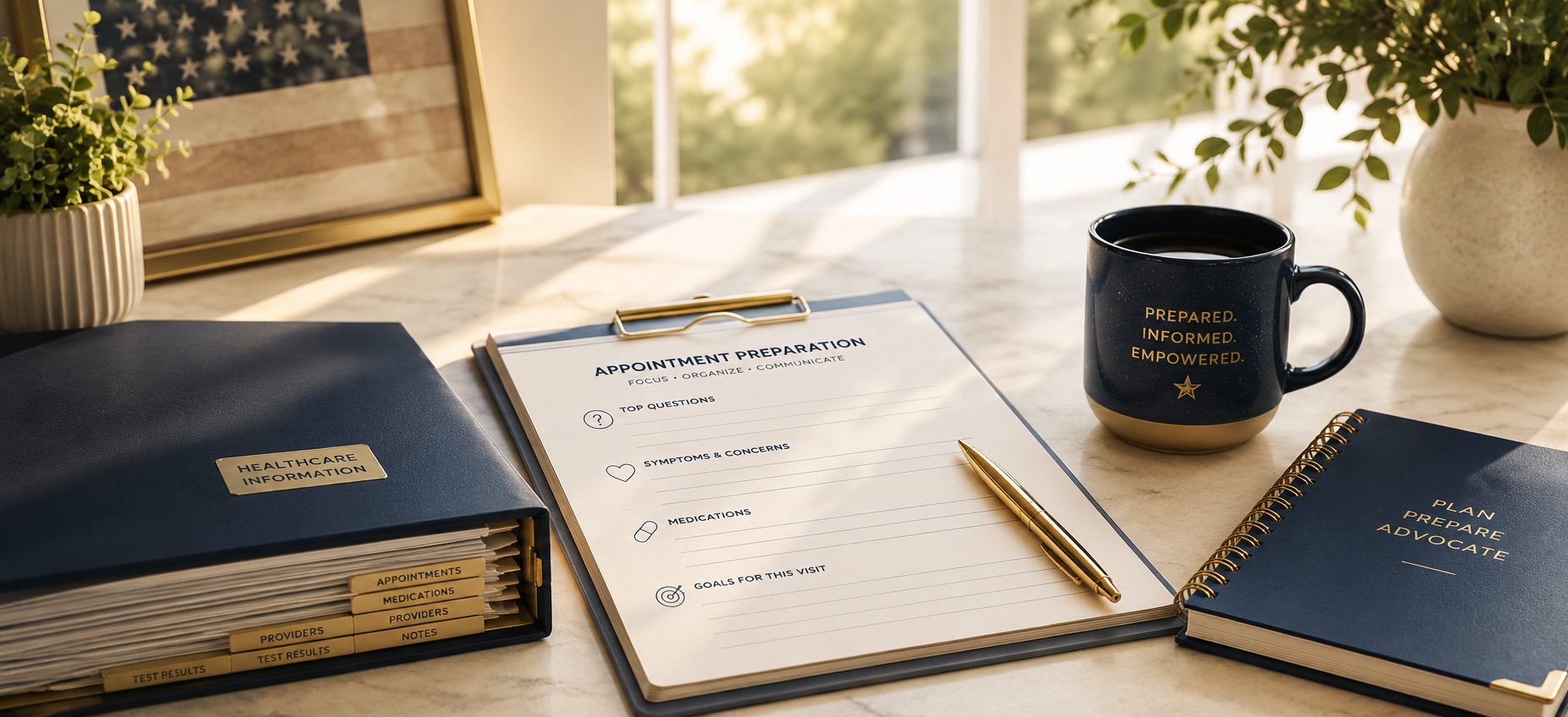 Organized appointment planning materials on a bright desk representing preparation for a VA or Community Care healthcare appointment.