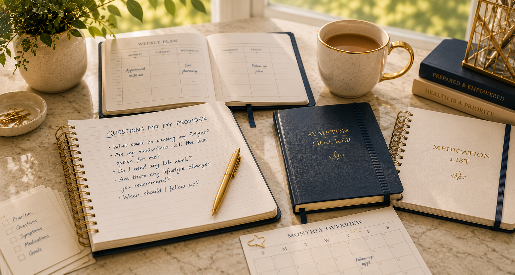 Organized planner, notebook, question list, and calendar illustrating how preparing before a medical appointment can reduce stress.