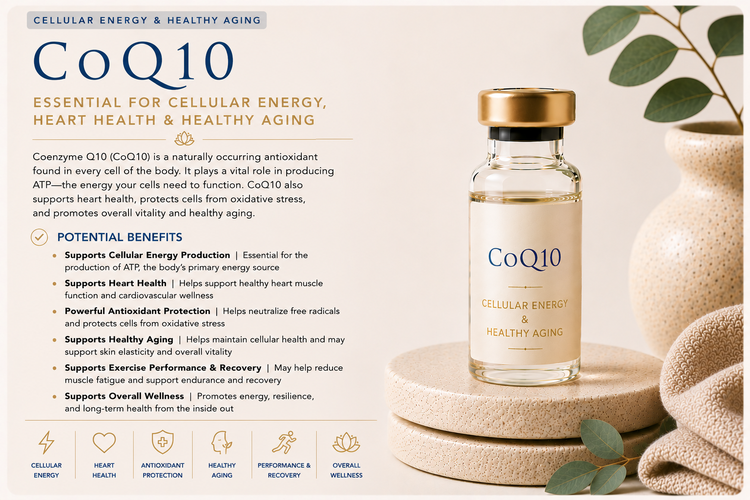 Educational wellness graphic explaining Coenzyme Q10 (CoQ10) and how it supports cellular energy production, heart health, antioxidant protection, healthy aging, mitochondrial function, and overall wellness.