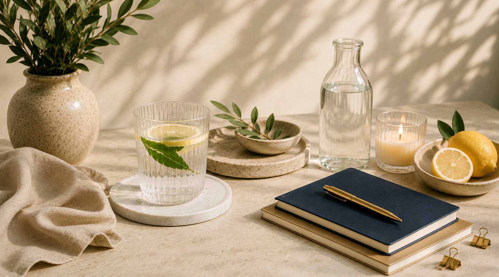 Calm wellness workspace with hydration, journaling, and natural décor representing education, self-care, and informed healthcare decisions.