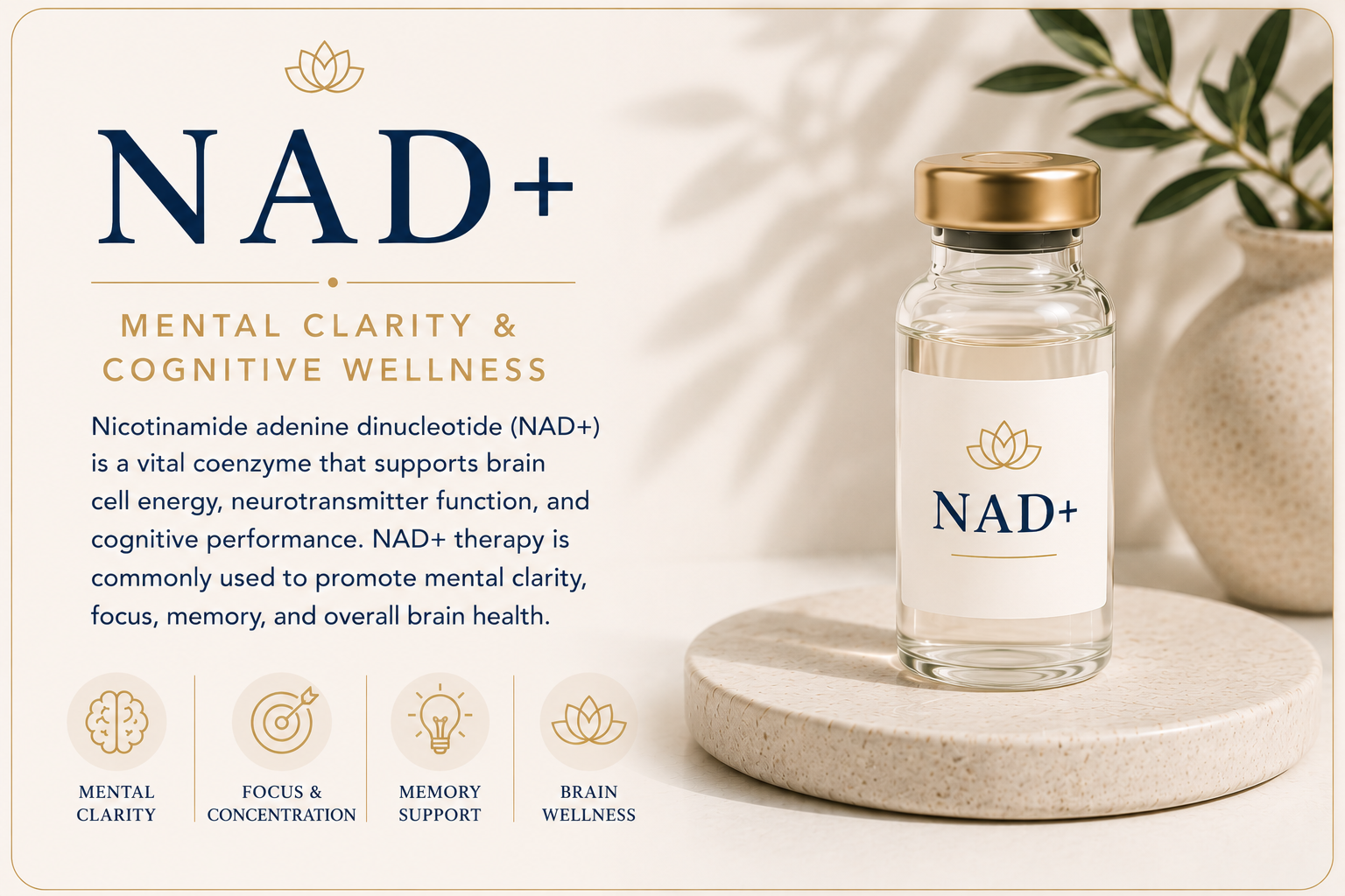 Educational overview of NAD+ therapy supporting mental clarity, cognitive wellness, focus, memory, and healthy brain function.