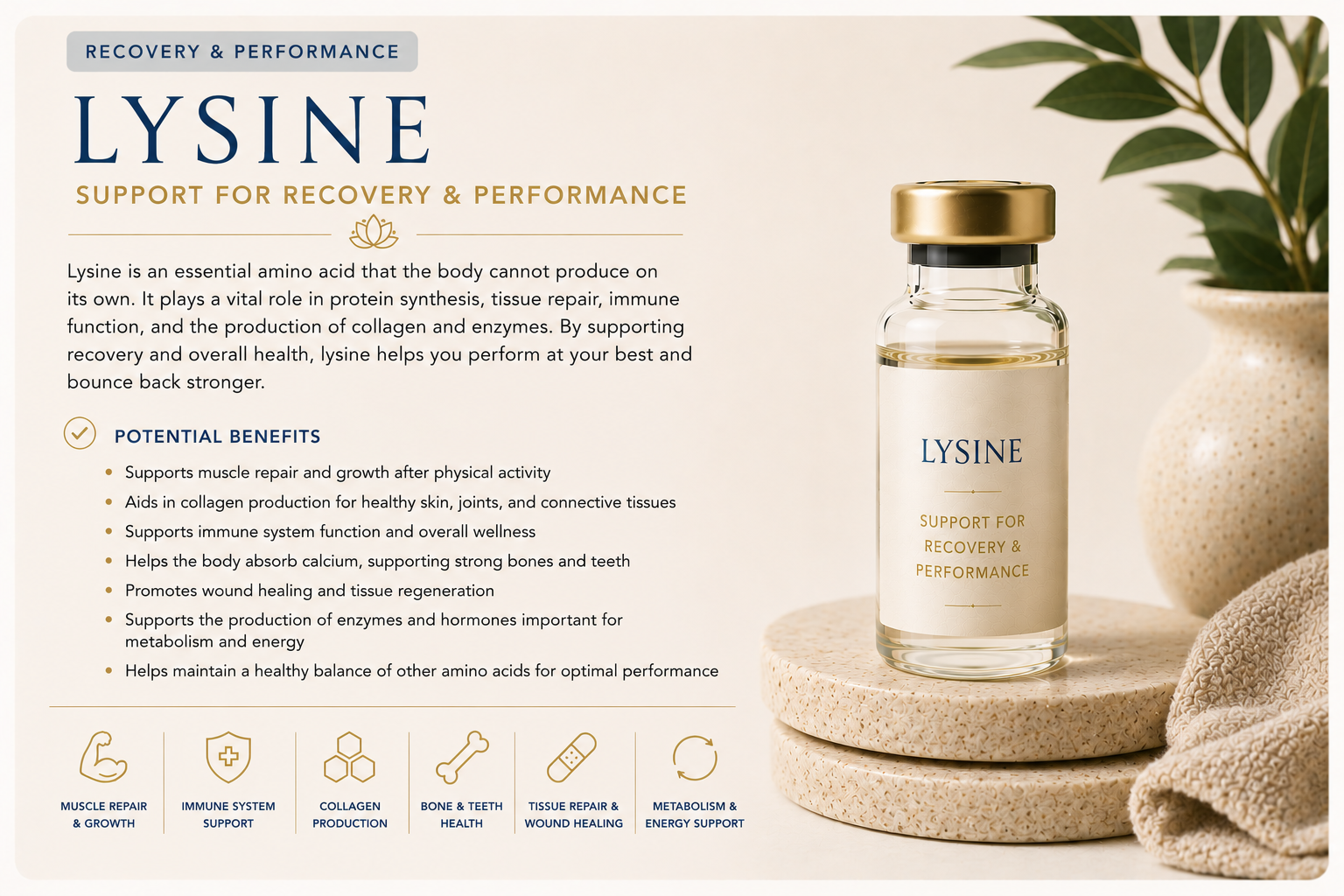 Educational wellness graphic explaining Lysine and how it supports protein synthesis, muscle recovery, collagen production, tissue repair, immune function, and overall wellness.