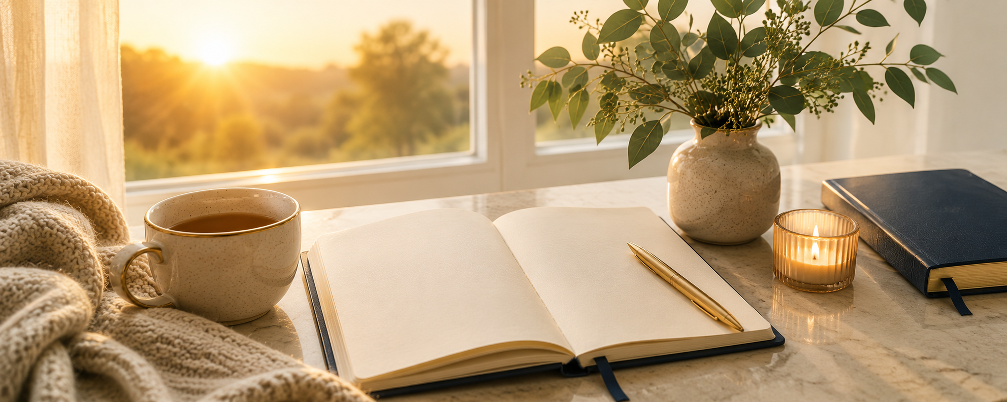 Peaceful journal and tea beside a sunlit window representing healing, recovery, and taking recovery one step at a time.