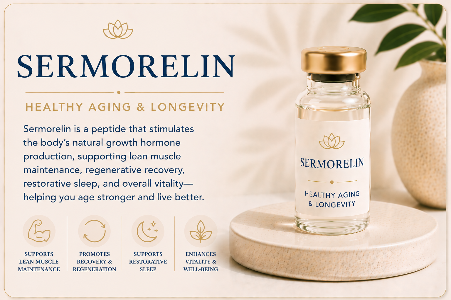 Educational overview of Sermorelin supporting healthy growth hormone production, lean muscle maintenance, restorative sleep, recovery, and healthy aging.