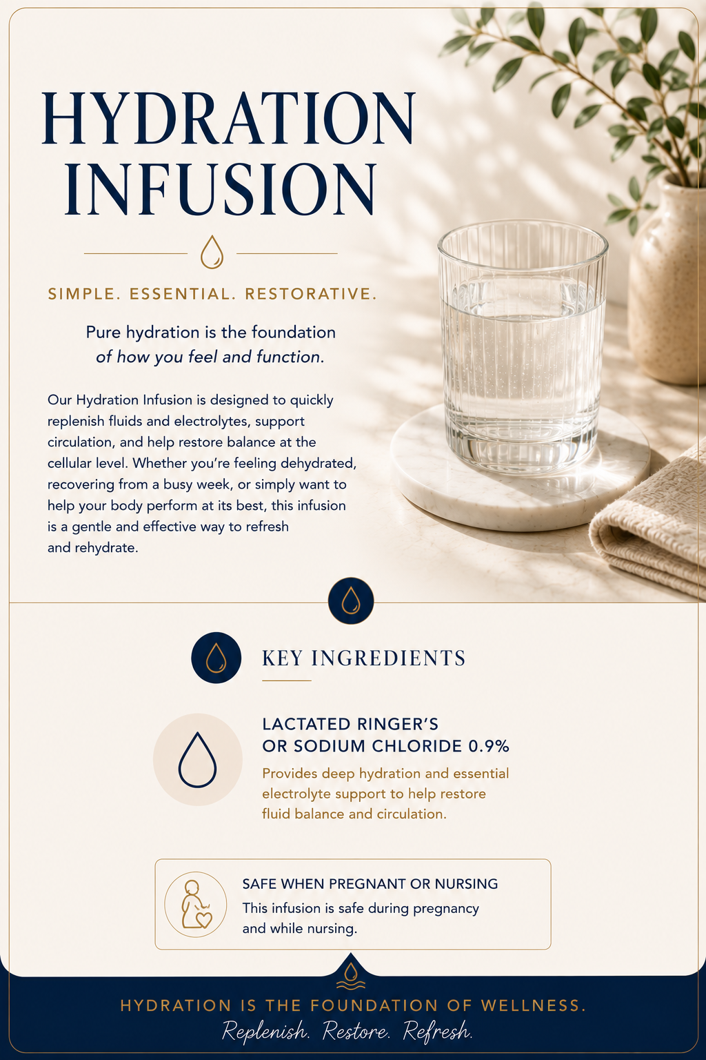 Educational wellness graphic explaining the Hydration Infusion and how it supports fluid balance, electrolyte replenishment, circulation, cellular hydration, recovery, and overall wellness. Features Lactated Ringer's or Sodium Chloride 0.9% as the fo