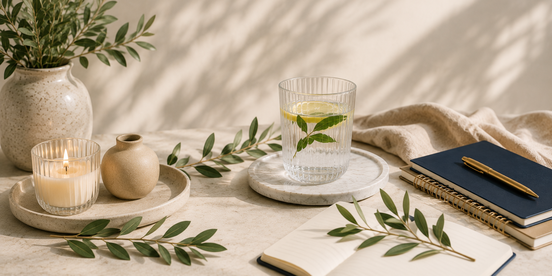 Hydration and wellness still life featuring fresh water, citrus, and natural elements representing preventive health and overall well-being.