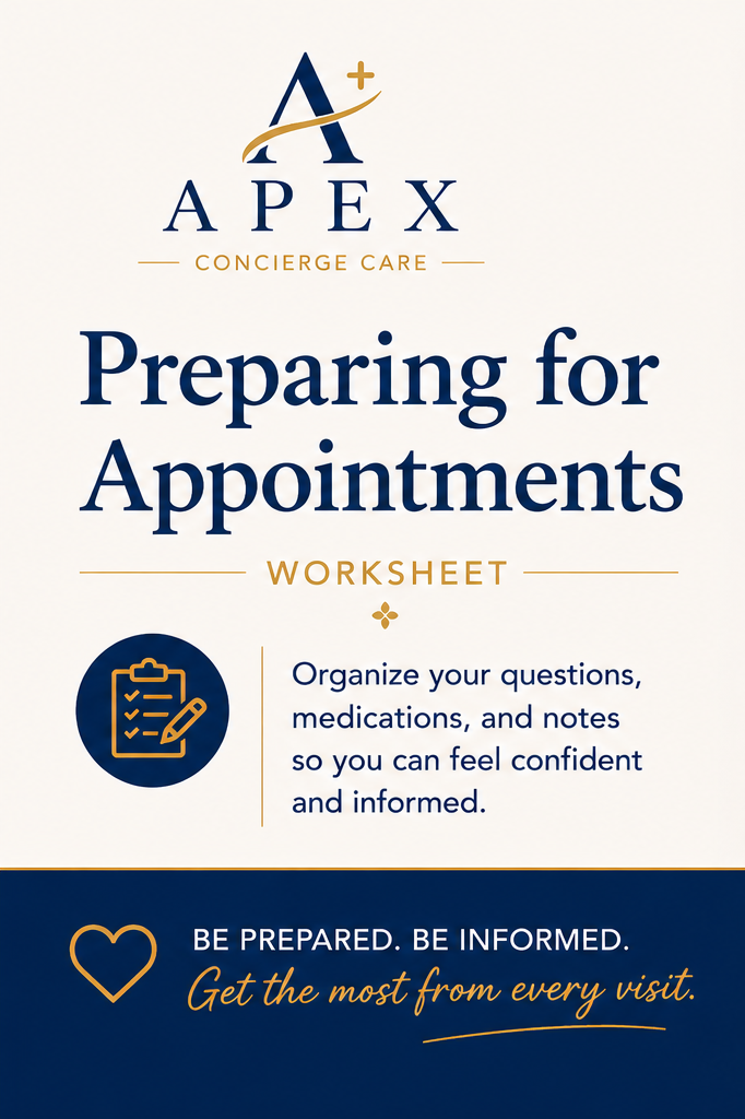 Appointment Preparation Worksheet printable designed to help patients organize questions, symptoms, medications, appointment goals, and follow-up actions before a healthcare visit.