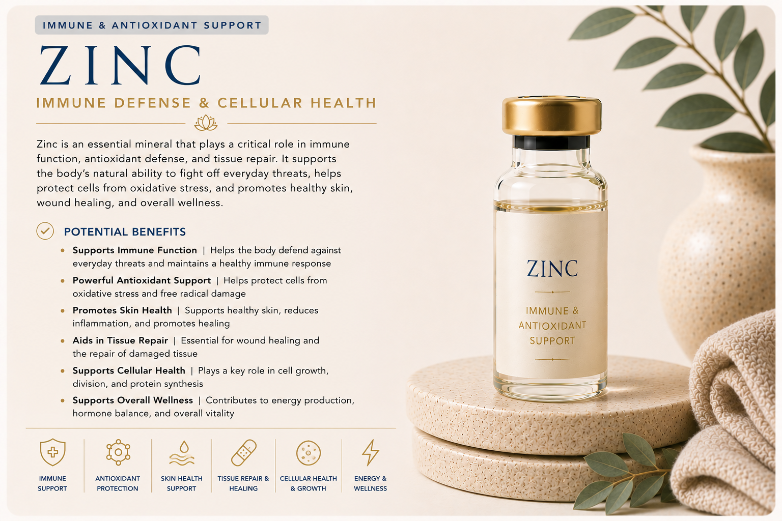 Educational wellness graphic explaining Zinc and how it supports immune function, antioxidant protection, wound healing, cellular health, skin health, and overall wellness.