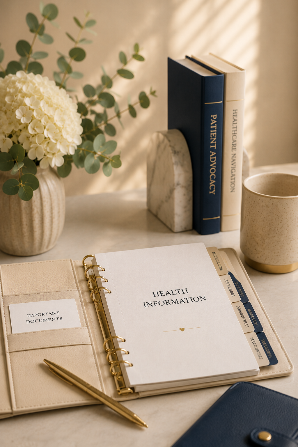 Elegant healthcare organization workspace with planner, healthcare books, and organizational tools representing nurse-led healthcare organization and medical planning services.