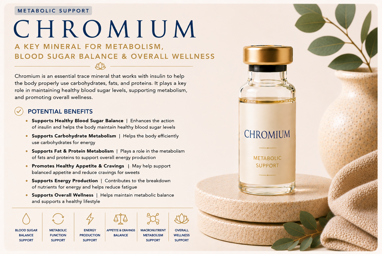 Educational wellness graphic explaining Chromium and how it supports healthy blood sugar metabolism, carbohydrate metabolism, nutrient utilization, energy production, metabolic balance, and overall wellness.