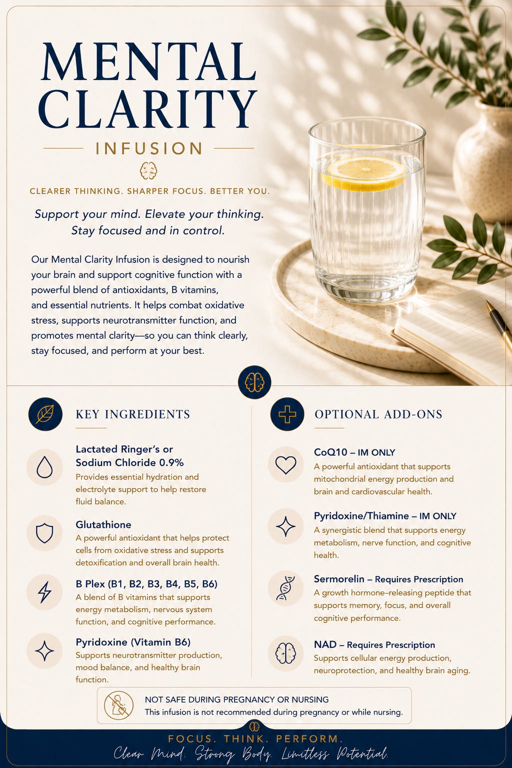Educational wellness graphic explaining the Mental Clarity Infusion and how it supports cognitive function, focus, antioxidant protection, and healthy brain performance. Features Glutathione, B Complex, and Pyridoxine (Vitamin B6) with optional CoQ10