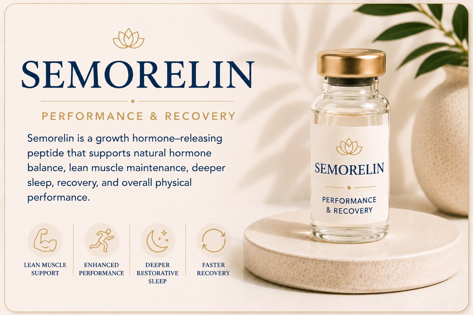 Educational overview of Sermorelin supporting healthy growth hormone production, lean muscle maintenance, recovery, restorative sleep, and physical performance.