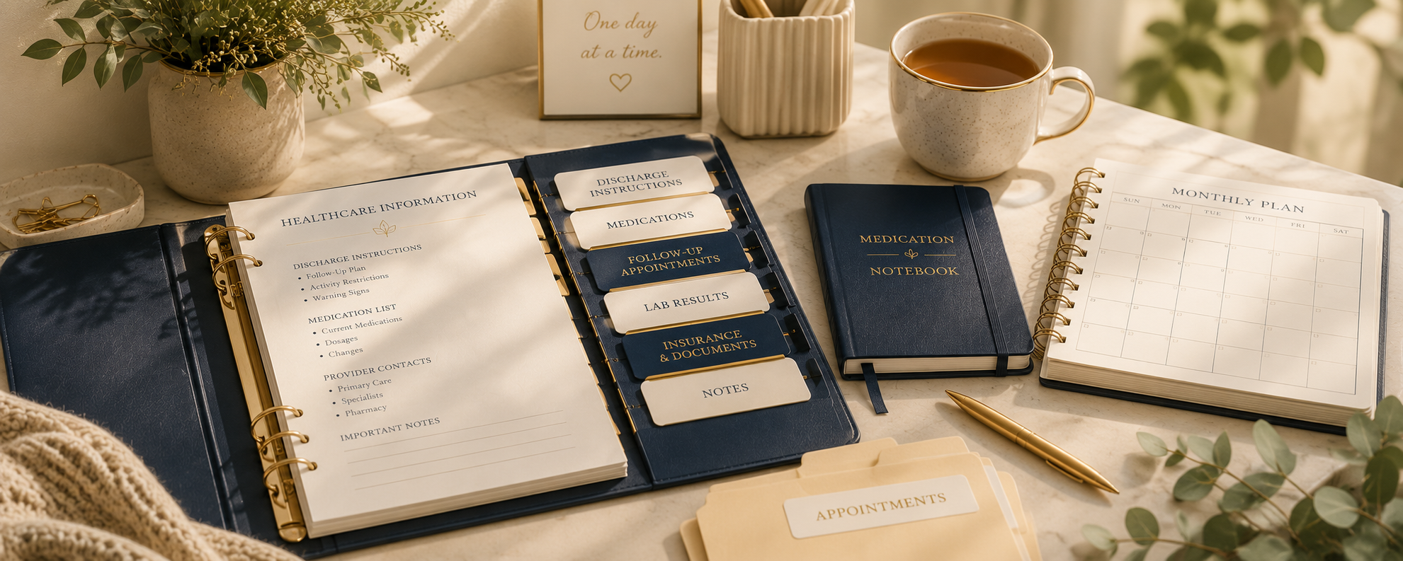Organized healthcare binder, planner, and important documents prepared for recovery and follow-up care at home.