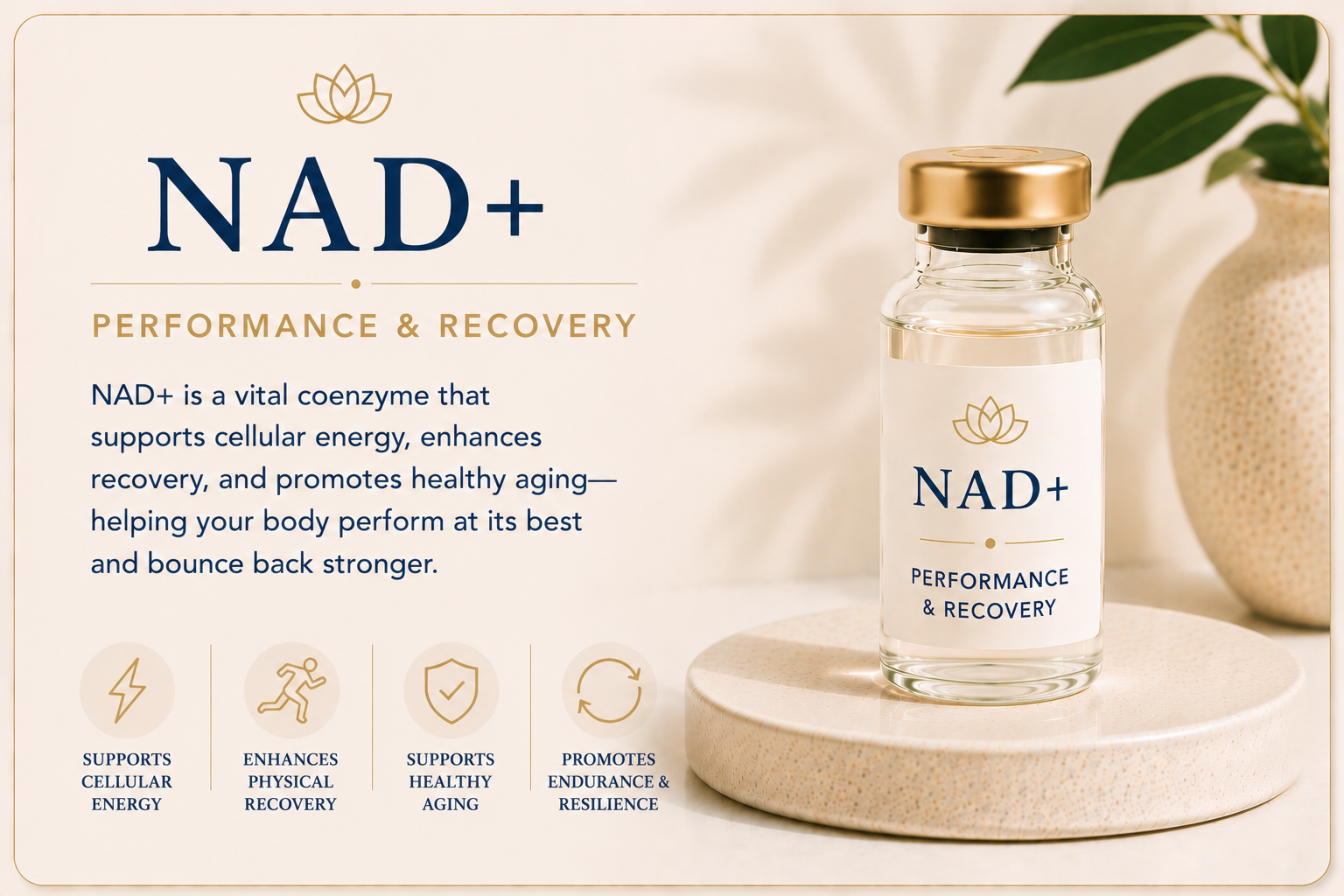 Educational overview of NAD+ therapy supporting cellular energy production, exercise recovery, endurance, healthy aging, and overall physical performance.