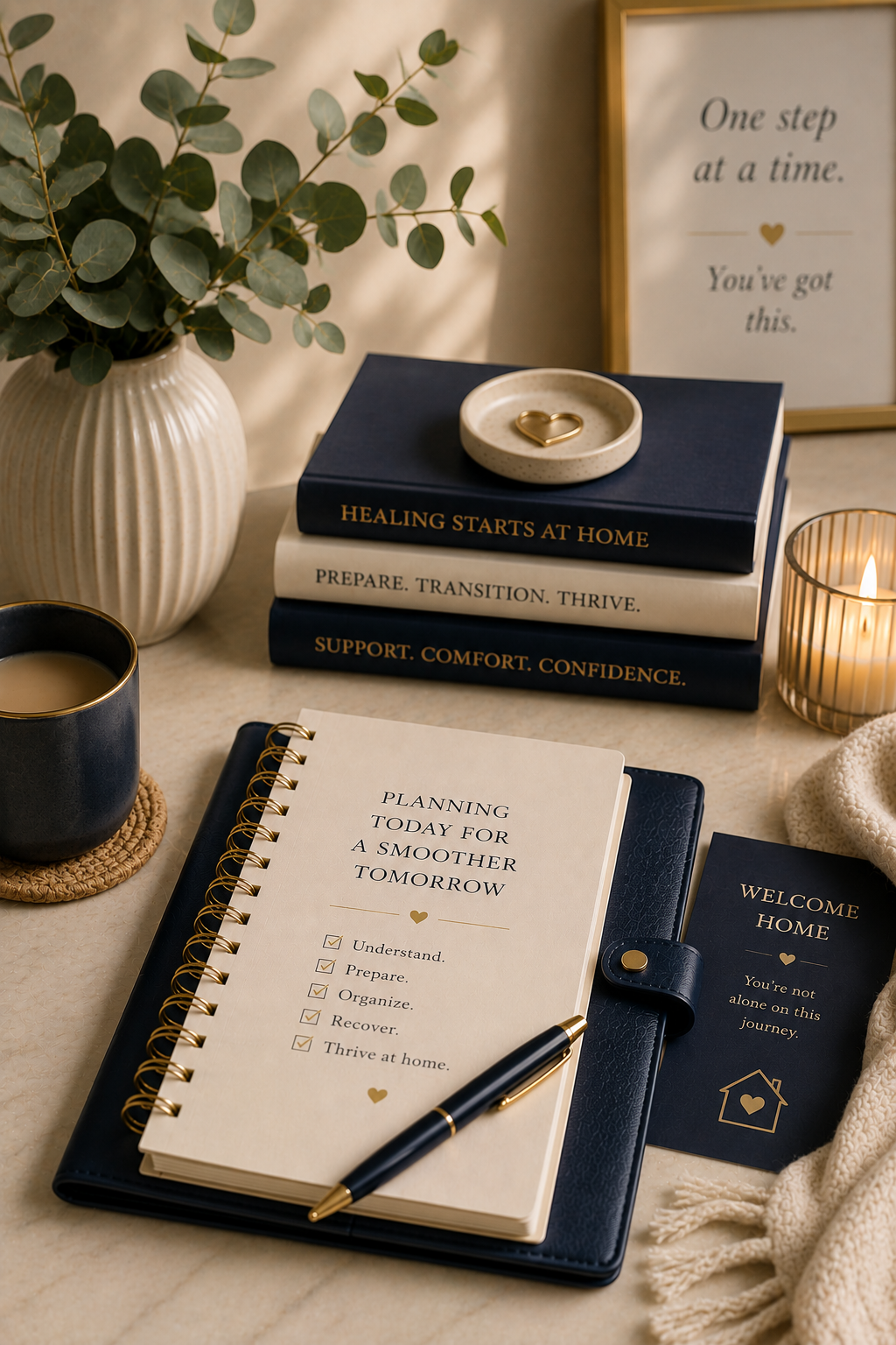Calm hospital-to-home planning workspace with recovery planner, educational resources, and supportive home transition materials representing discharge planning and recovery support.