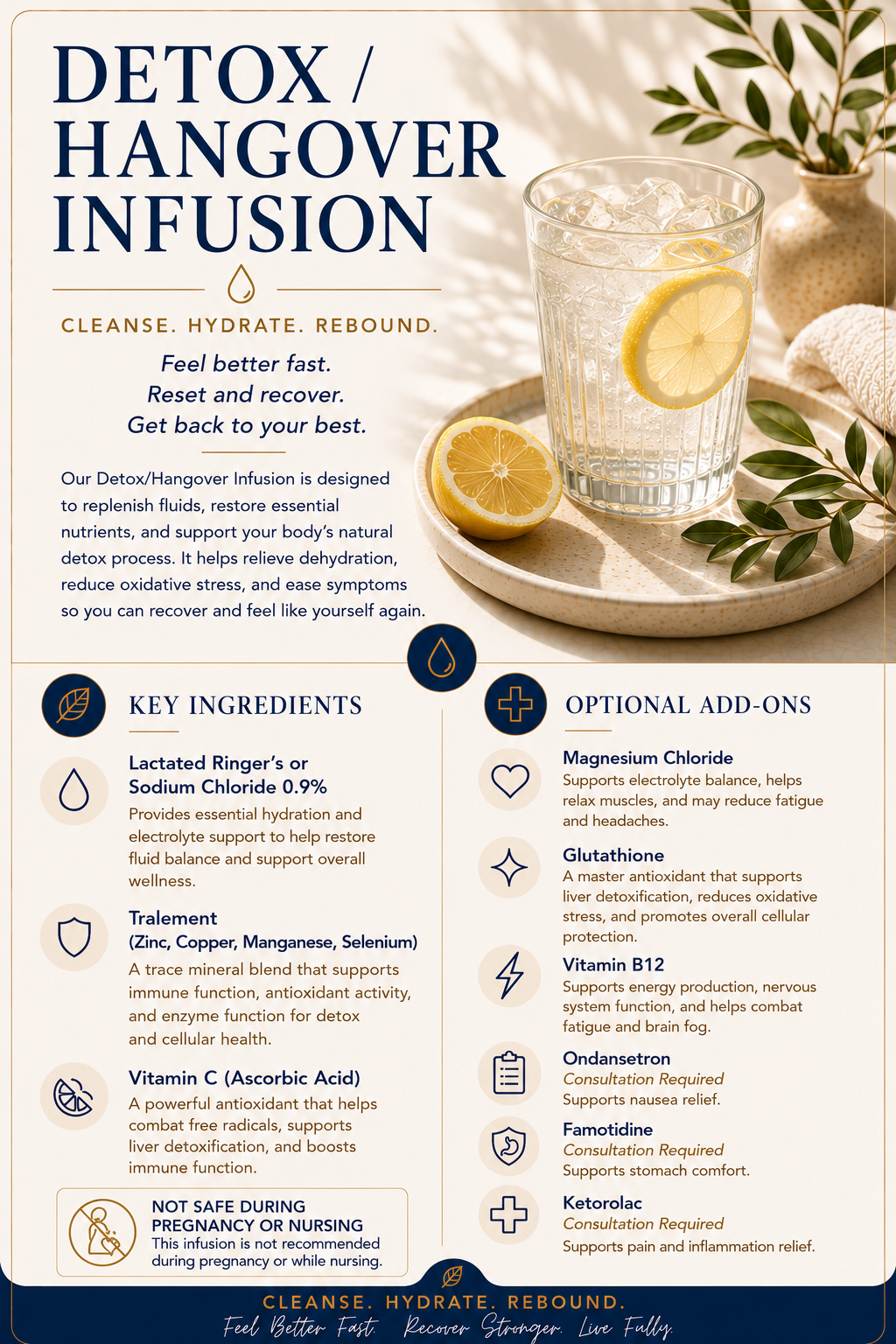 Educational wellness graphic explaining the Detox/Hangover Infusion and how it supports hydration, antioxidant activity, nutrient replenishment, and recovery following dehydration or overindulgence. Features Tralement, Vitamin C (Ascorbic Acid), and 