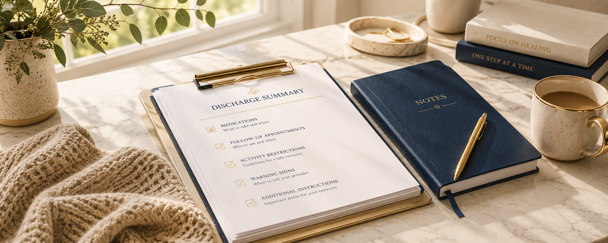 Organized discharge paperwork, notebook, and coffee arranged on a bright table to represent preparing for recovery at home after leaving the hospital.