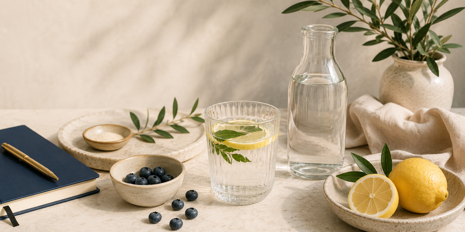 Wellness-inspired scene with water, healthy foods, and a journal symbolizing hydration, recovery, and personalized health goals.