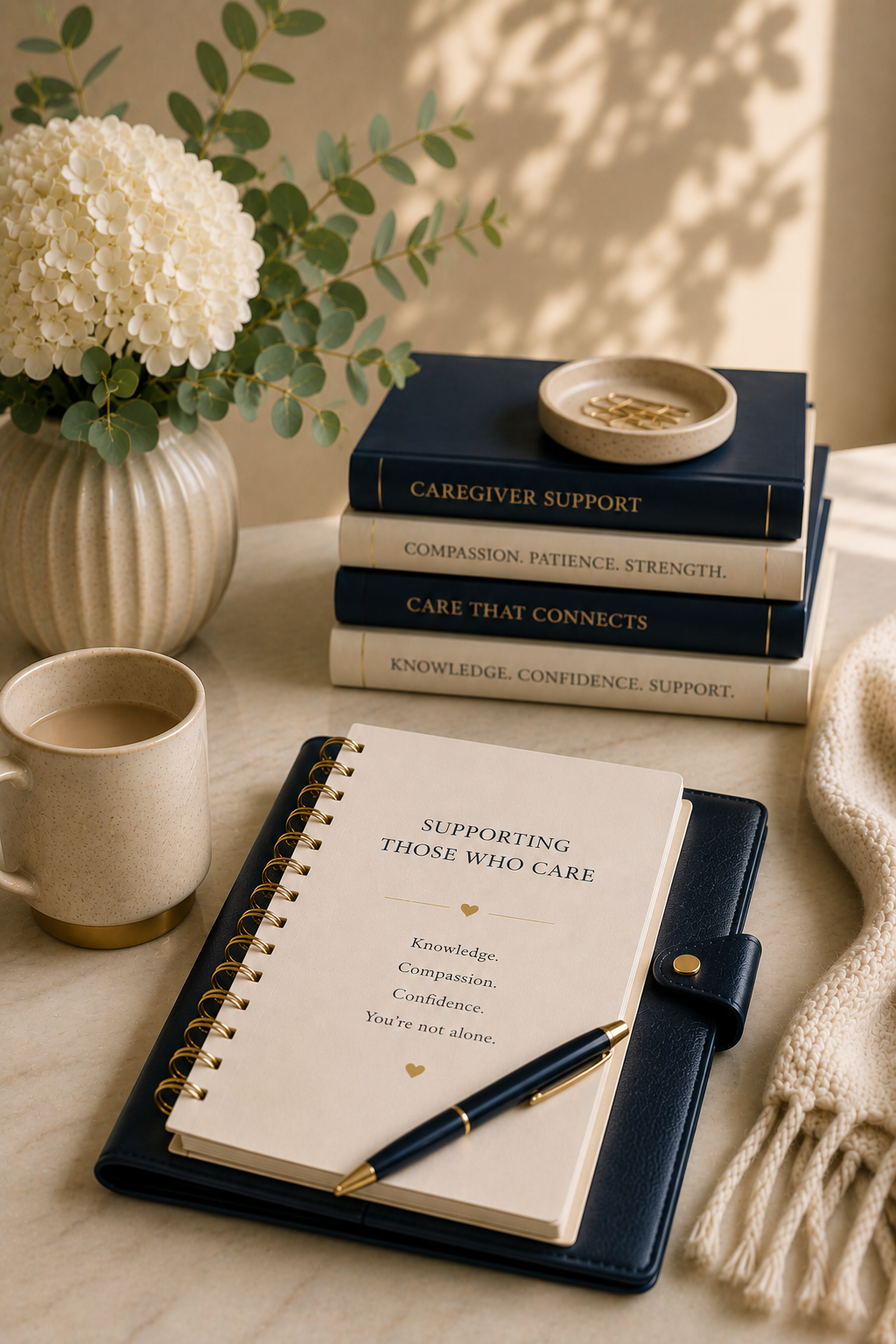 Warm caregiver planning workspace with educational books, notebook, and calming décor representing family caregiver education and personalized nursing support.