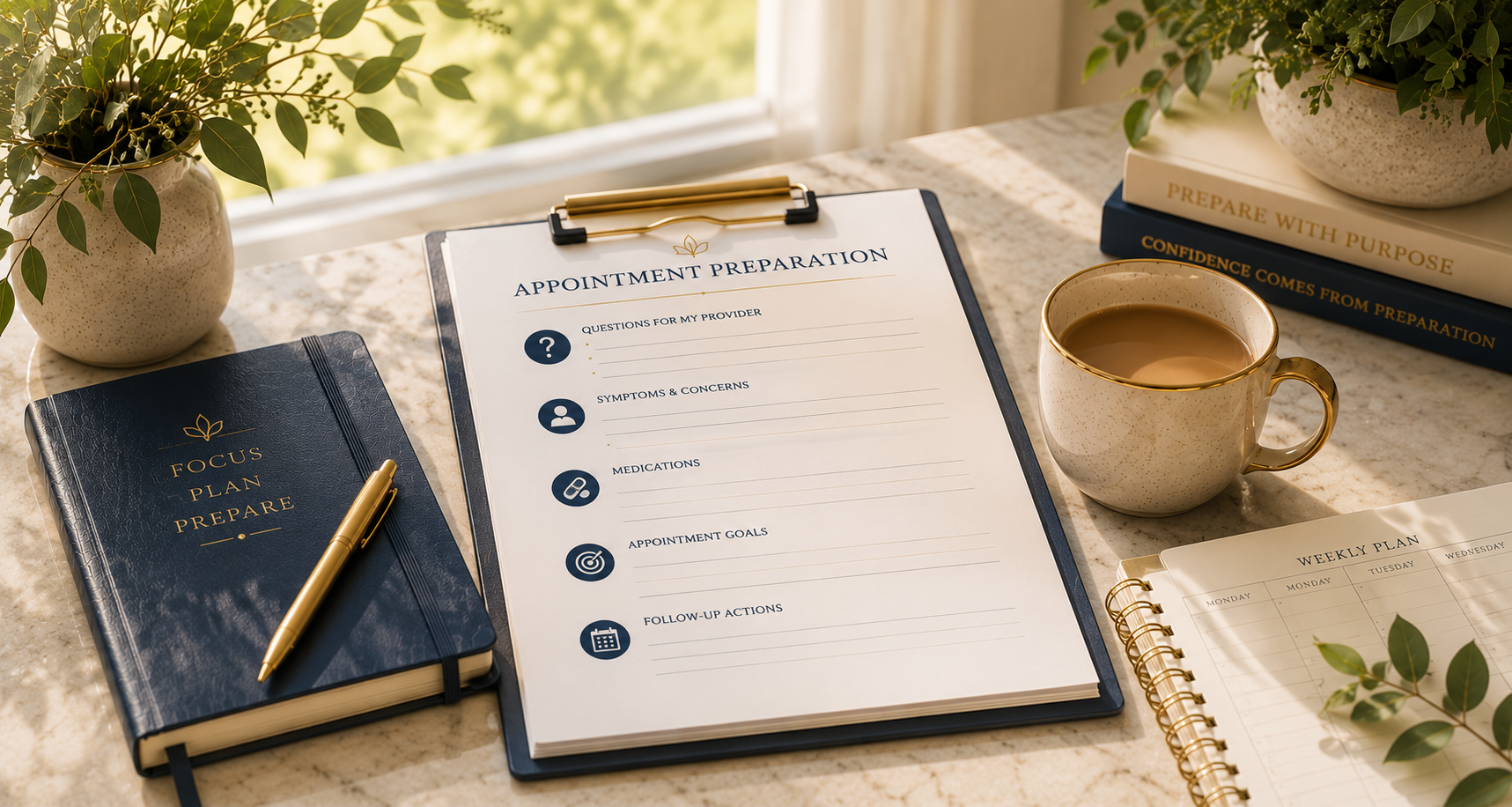 Appointment preparation worksheet, planner, notebook, and coffee arranged on a bright table to represent preparing for an upcoming healthcare visit.