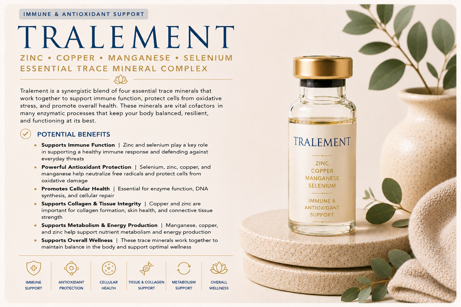 Educational wellness graphic explaining Tralement, a trace mineral complex containing zinc, copper, manganese, and selenium, and how it supports immune function, antioxidant protection, cellular health, collagen production, metabolism, and overall we
