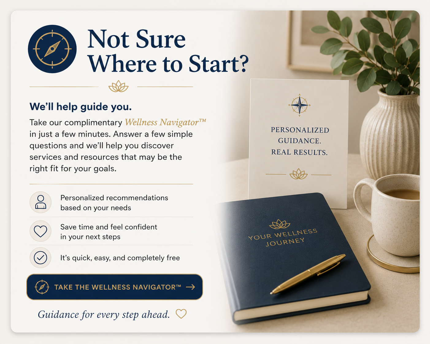 Wellness Navigator card inviting visitors to answer a few simple questions for personalized recommendations, shown with elegant wellness-inspired desk décor and calming neutral colors.