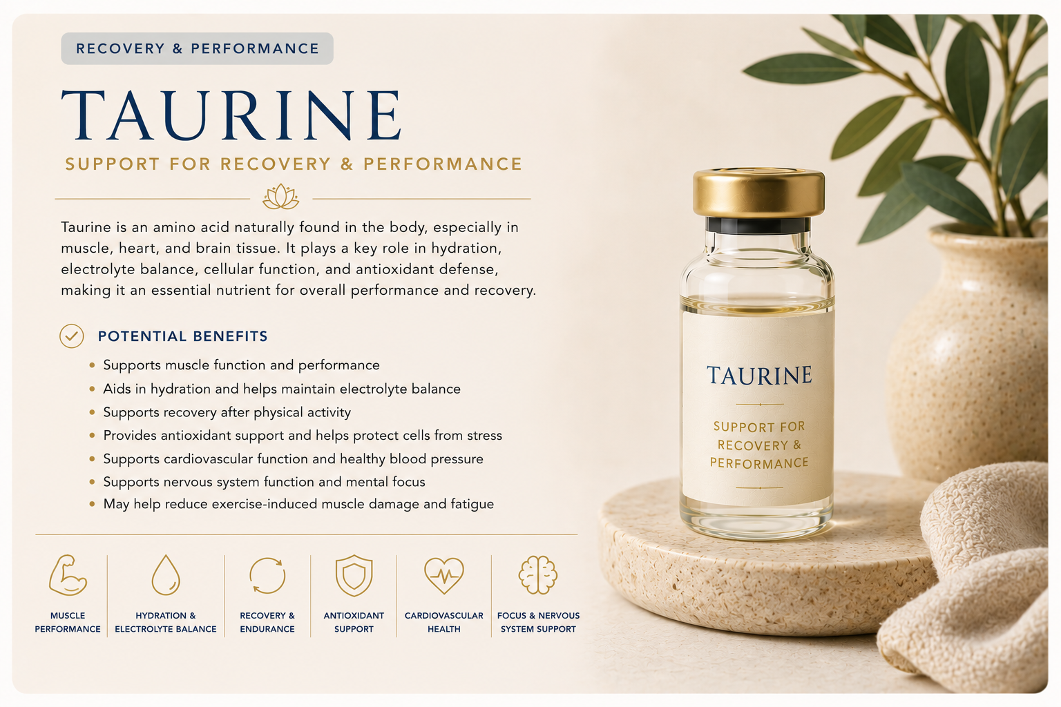 Educational wellness graphic explaining Taurine and how it supports muscle performance, hydration, electrolyte balance, recovery, cardiovascular health, and overall wellness.